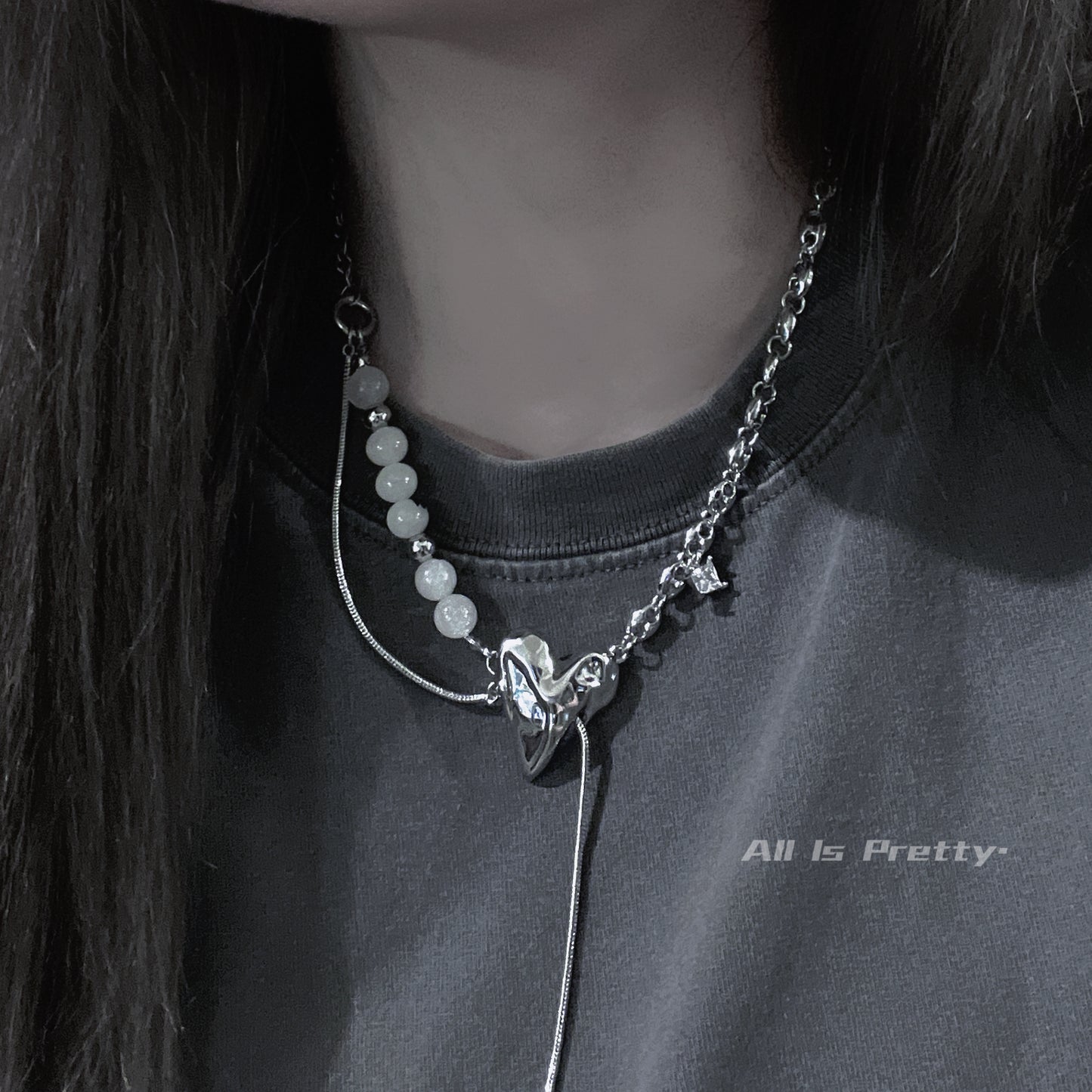 Bold Heart & Stone Link Chain Necklace