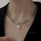 Pearl Pendant Block Chain Necklace