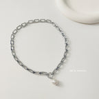 Pearl Pendant Block Chain Necklace