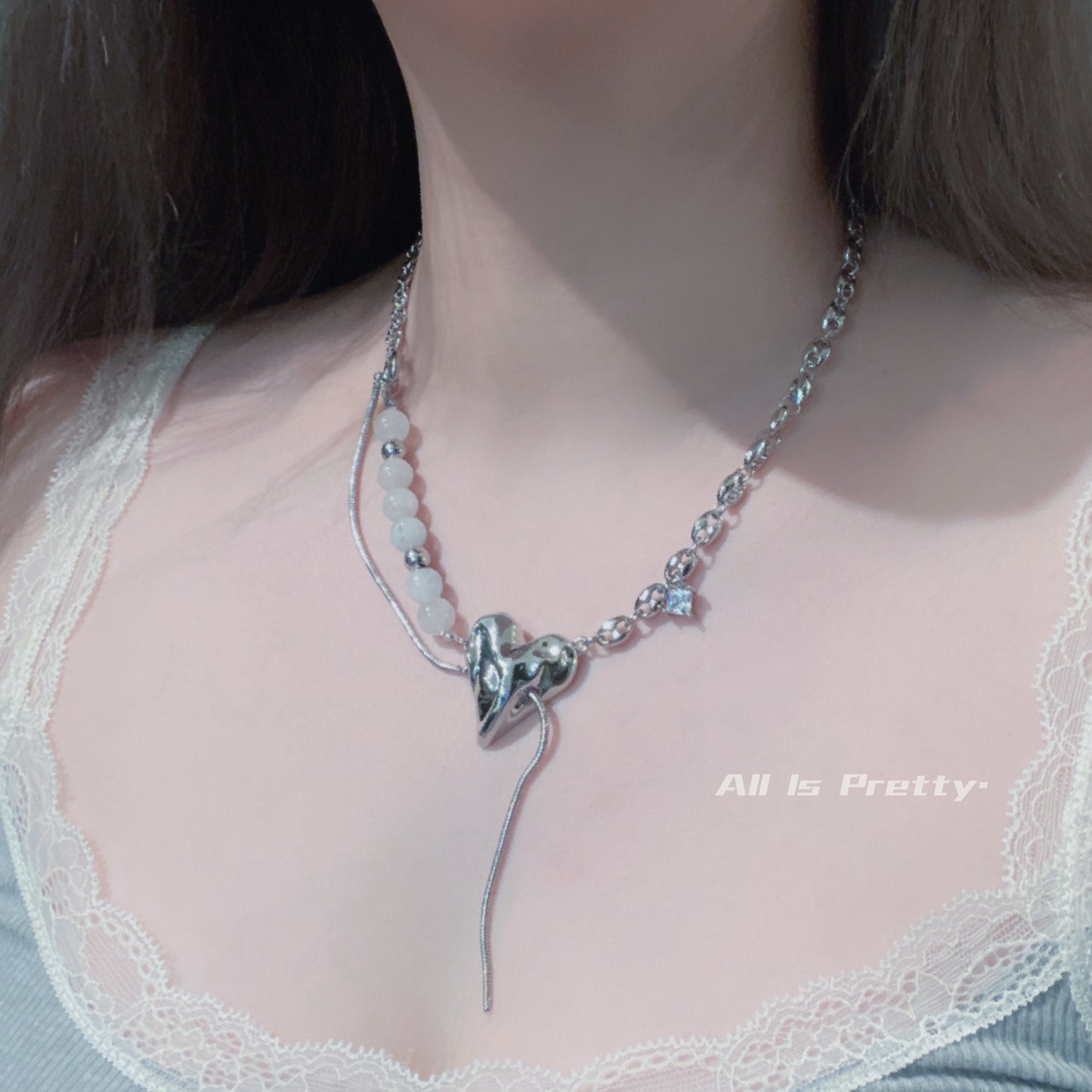 Bold Heart & Stone Link Chain Necklace