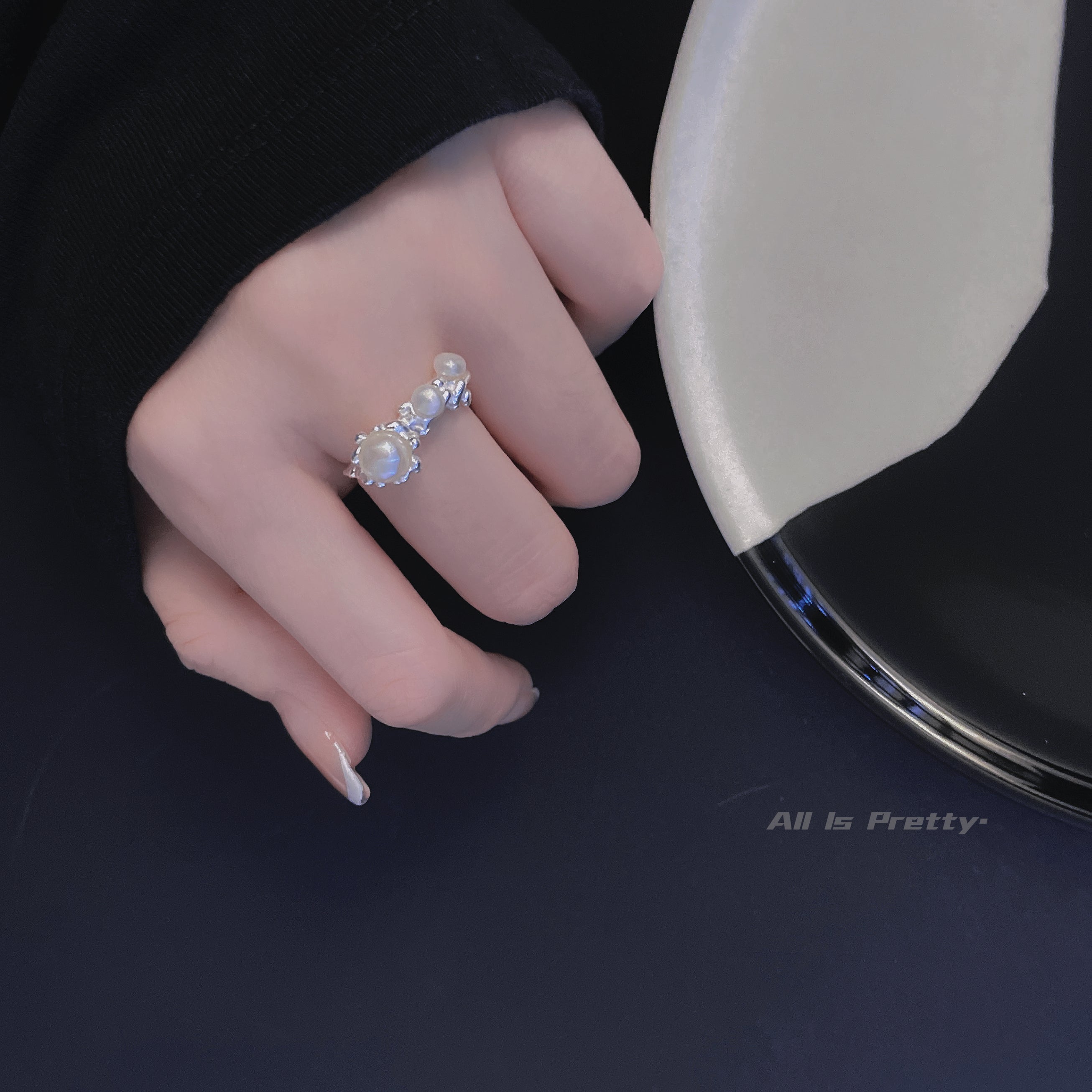 Handmade pearls sterling silver ring