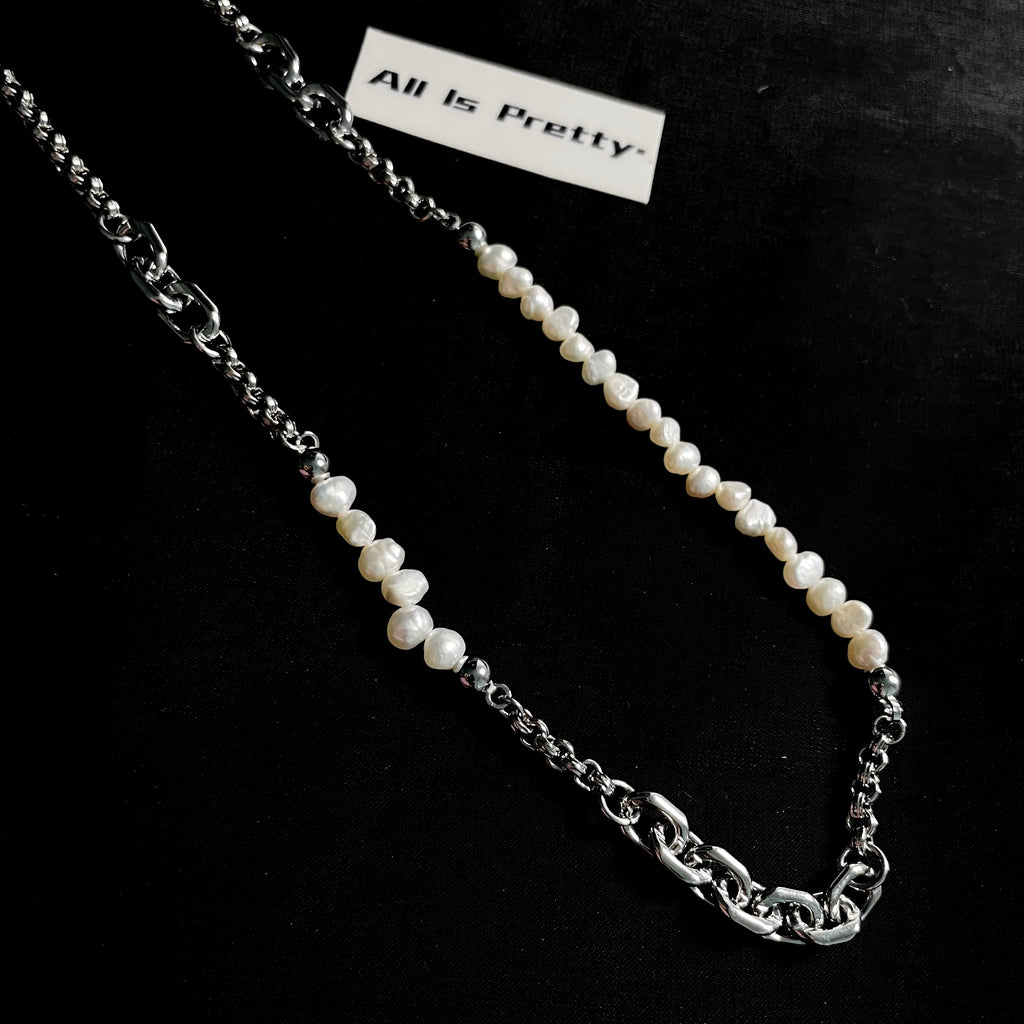 Unisex link chain pearl necklace